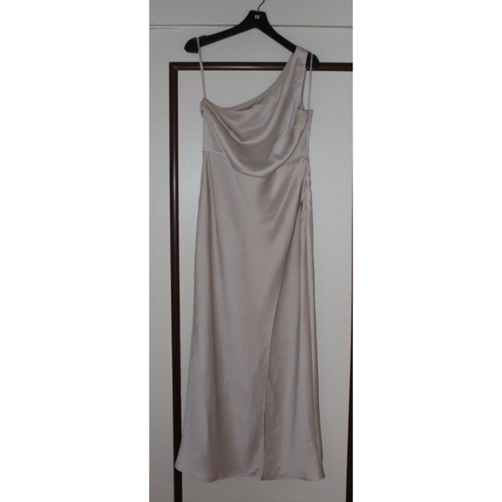 BHLDN (Anthropologie) "Dylan" One Shoulder Maxi Gown in Champagne Satin, size 12 - Picture 2 of 10
